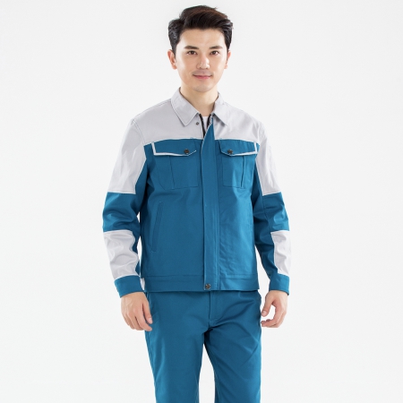 湖蓝拼浅灰工作服