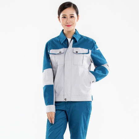 订制米灰拼浅蓝工作服
